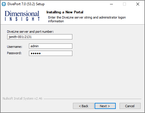The Installing a New Portal window asking for the DiveLine server and port number.